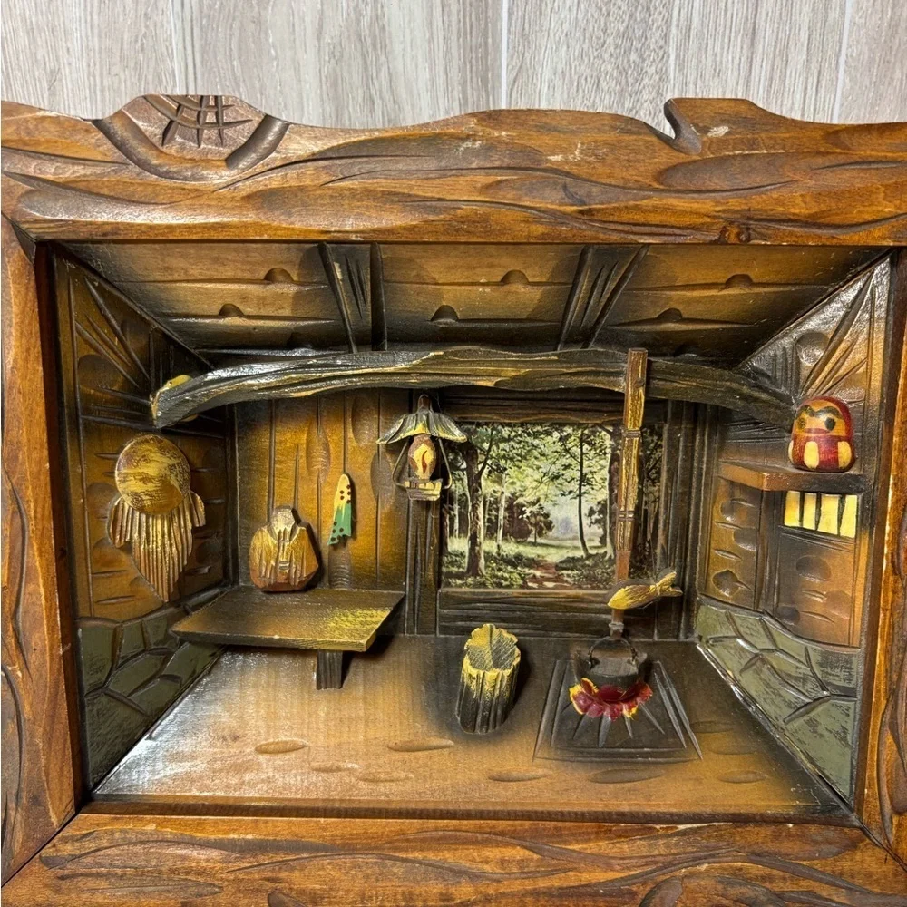Vintage 3D Hand Carved Wooden Shadow Box Diorama Rustic Fishing Cabin Interior